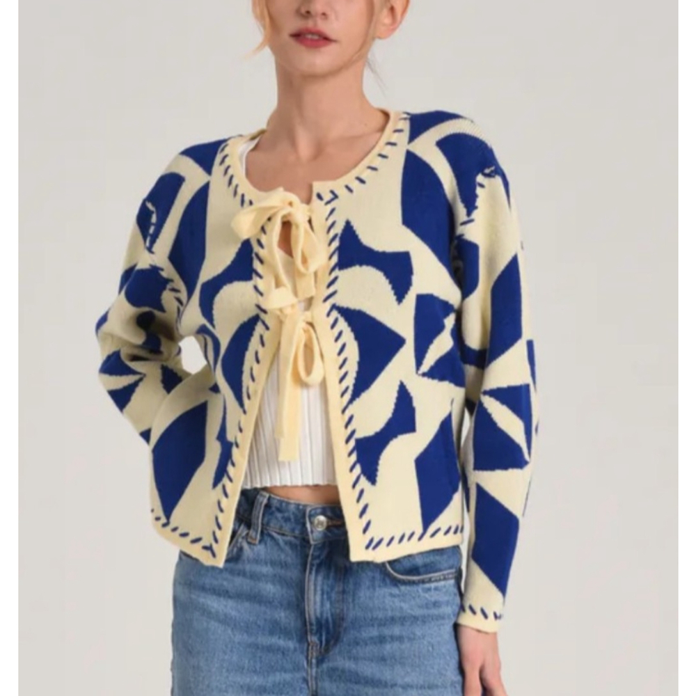 Ciebon Cardigan Sweater X-Small Ivory Blue Abstrast Tie Ribbon Ann
